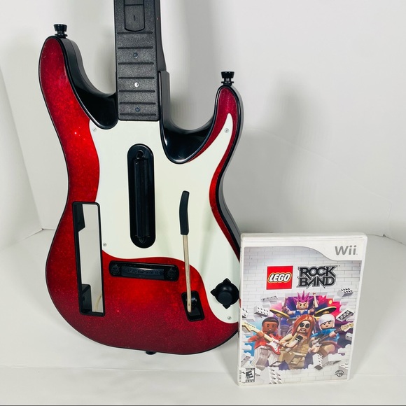 Wii Guitar Hero Wireless Controller Red White Starburst With Lego Rock Band Game - Picture 2 of 12